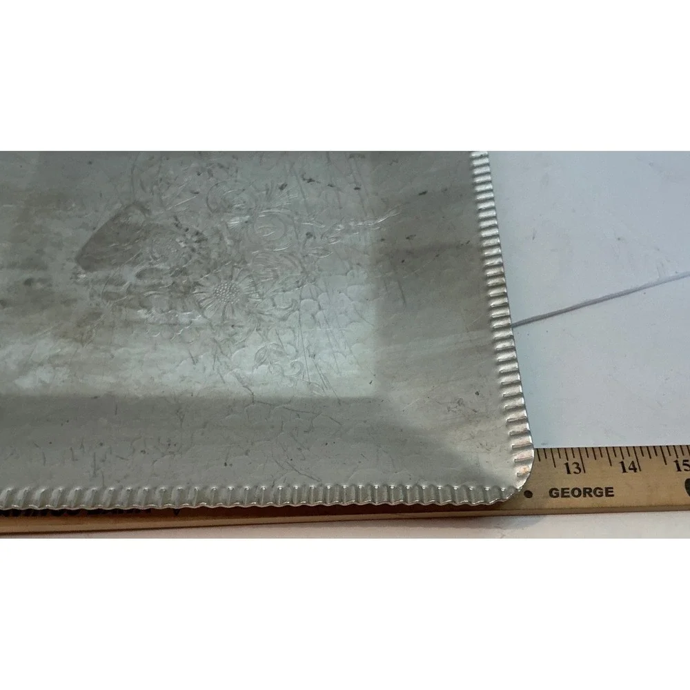 Vintage Hammered Aluminum Square Tray Etched Floral 12.5 Inch Mid Century
